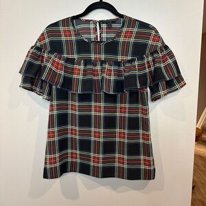 J Crew Blackwatch Plaid Ruffle Blouse  size 0